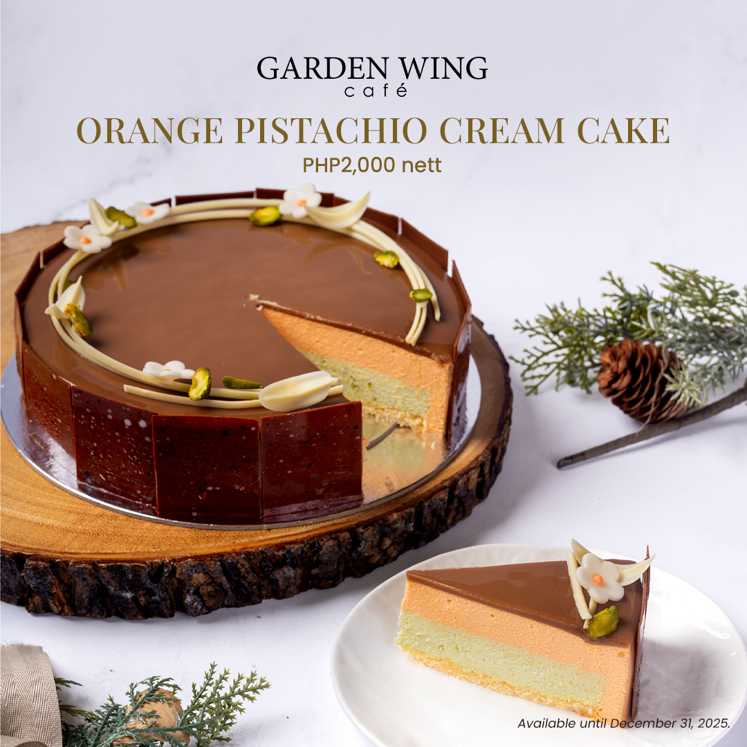 Layers of orange and pistachio mousse on vanilla sponge, finished with rich chocolate glaze and whipped cream.