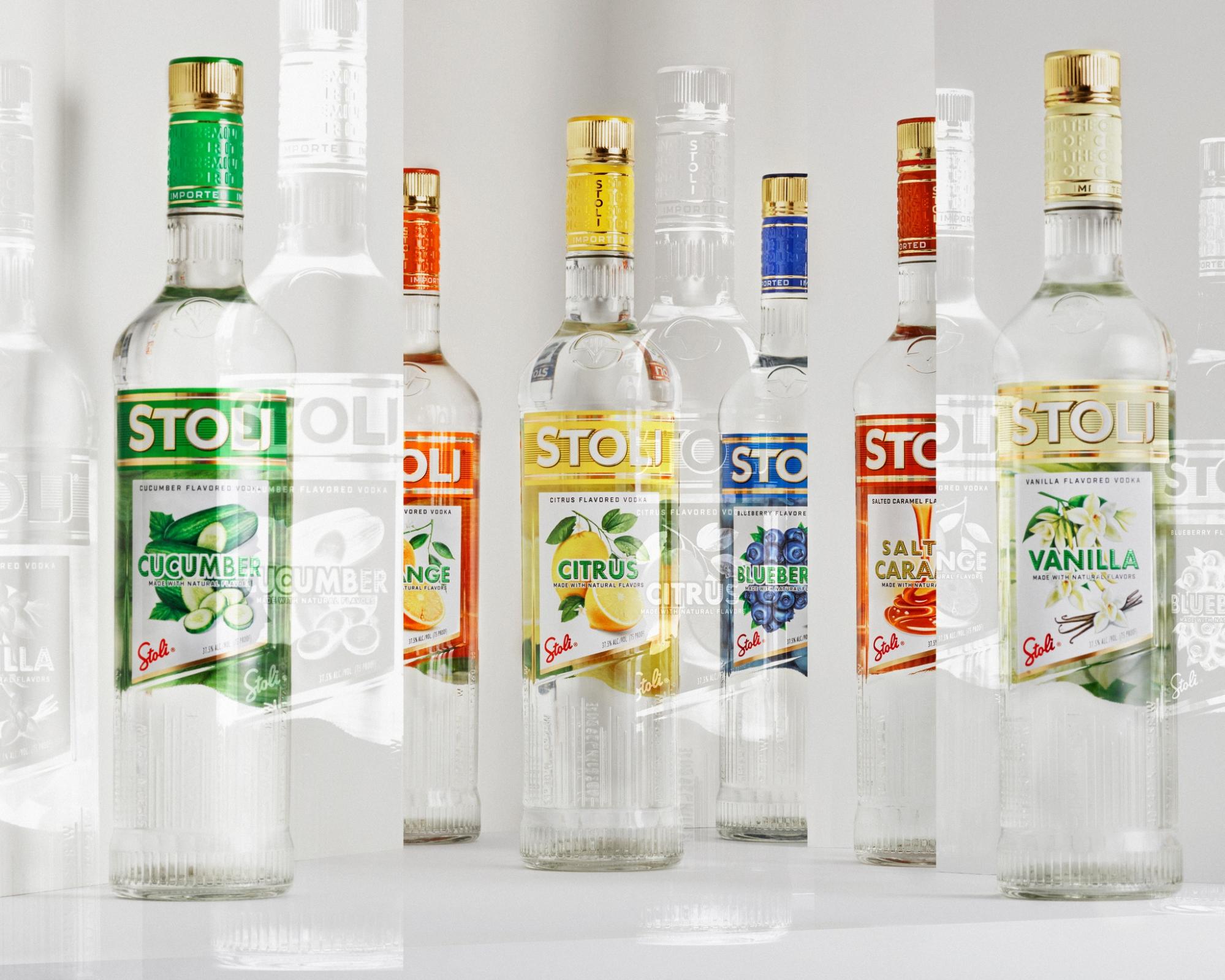 Bottles of various Stoli Vodka variants